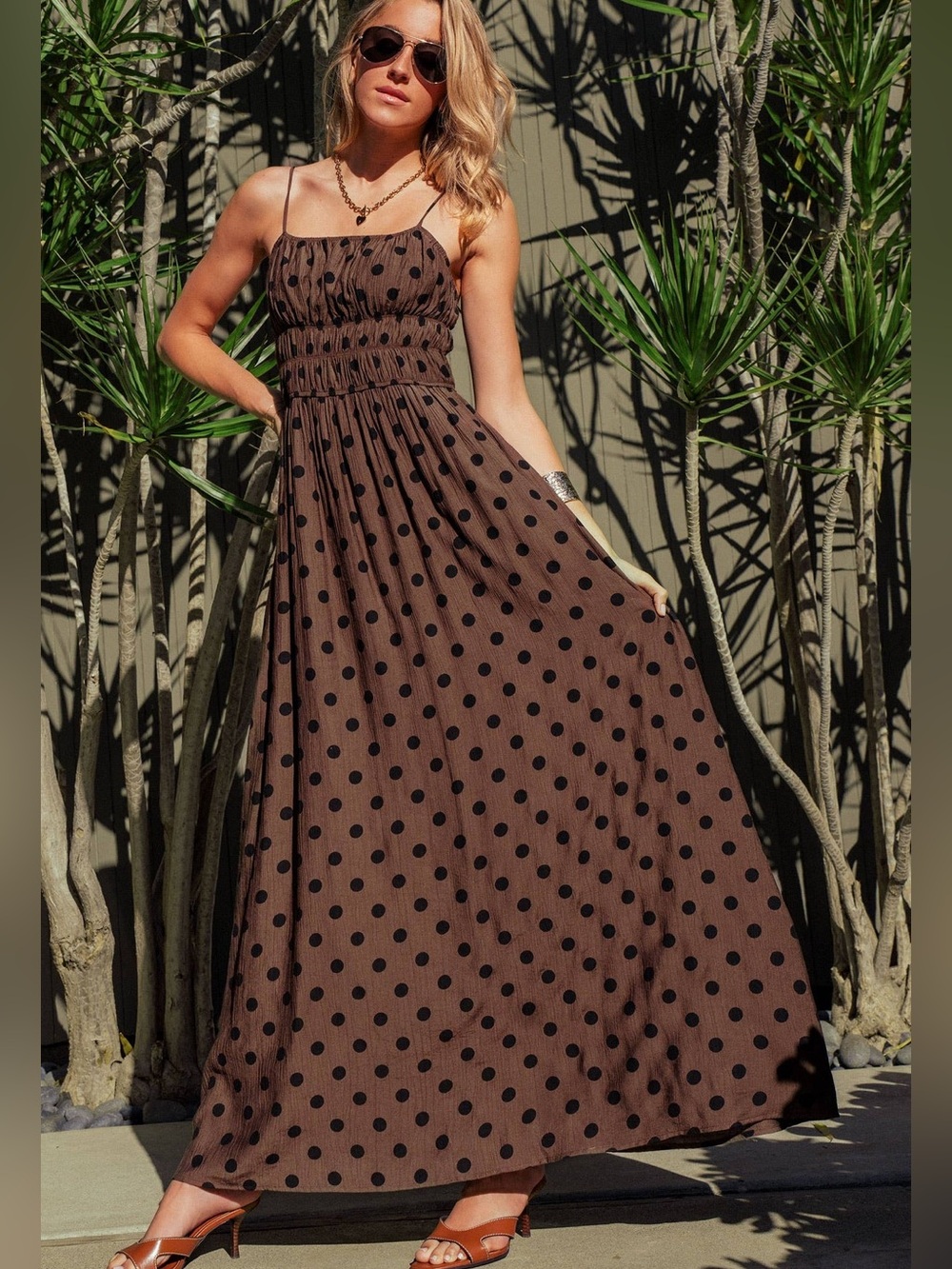 TIMELESS SPAGHETTI STRAP POLKA DOT SMOCKED MAXI DRESS